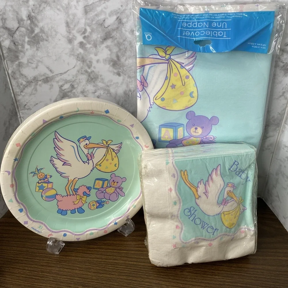 VTG 80/90s NIP AMSCAN Baby Shower Lot Plates, napkins, Tablecover Pastel Stork